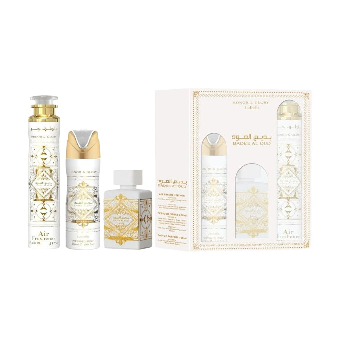 Парфумований набір унісекс Lattafa Perfumes Bade'e Al Oud Honor &amp; Glory Set (парфумована вода, 100 мл + дезодорант, 200 мл + освіжувач, 300 мл)